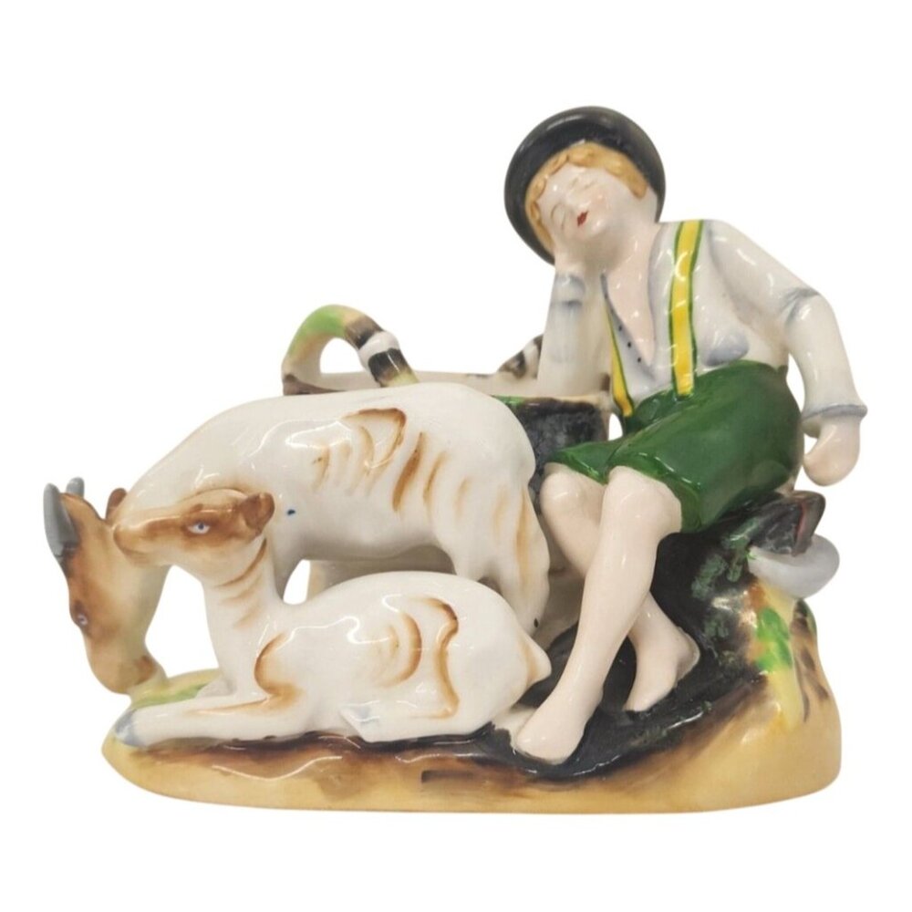 Vintage Japan Ceramic Figurine Boy Goats Trinket Basket Pastoral Scene Decor